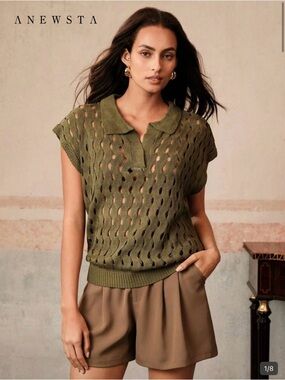 Anewsta Olive Open-Knit Polo Sweater Shell